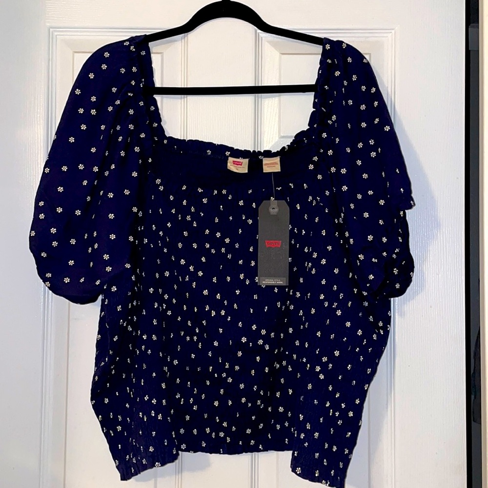 Levi’s navy blue w/white floral puff sleeve blouse•4X NWT!